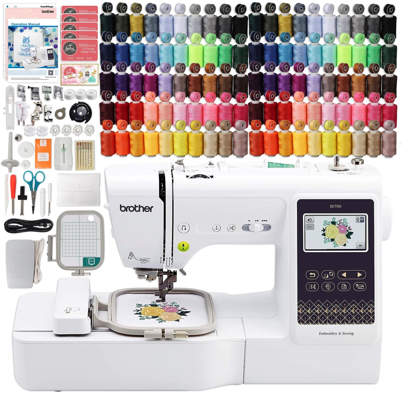Brother SE700 Embroidery & Sewing Machine w/ 100 Spools, Bobbins & Accessories